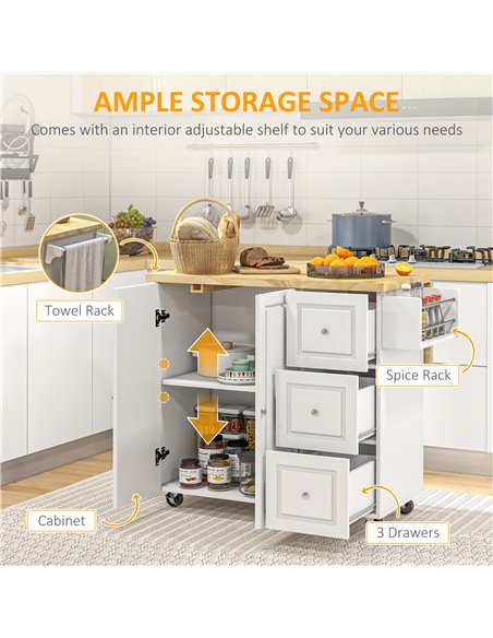 HOMCOM Drop-Leaf Kitchen Island on Wheels with Extendable Rubber Wood Worktop, Rolling Kitchen Storage Trolley, Utility Storage 