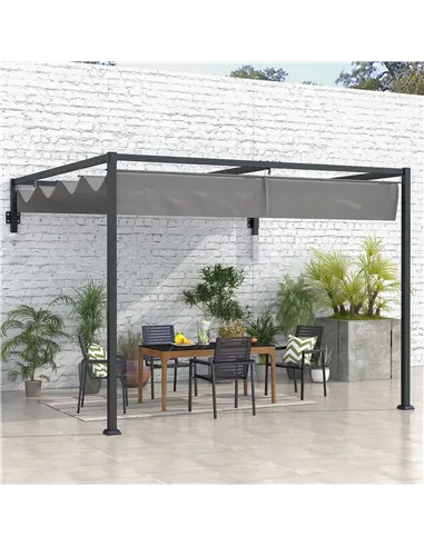 Outsunny 3 x 4m Lean To Steel Pergola, with Moving Fabric Canopy - Dark Grey