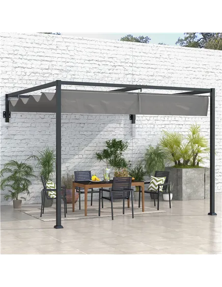 Outsunny 3 x 4m Lean To Steel Pergola, with Moving Fabric Canopy - Dark Grey