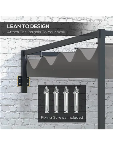 Outsunny 3 x 4m Lean To Steel Pergola, with Moving Fabric Canopy - Dark Grey