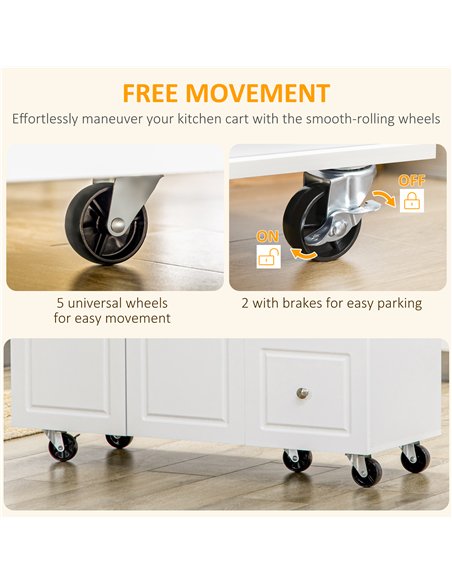 HOMCOM Drop-Leaf Kitchen Island on Wheels with Extendable Rubber Wood Worktop, Rolling Kitchen Storage Trolley, Utility Storage 