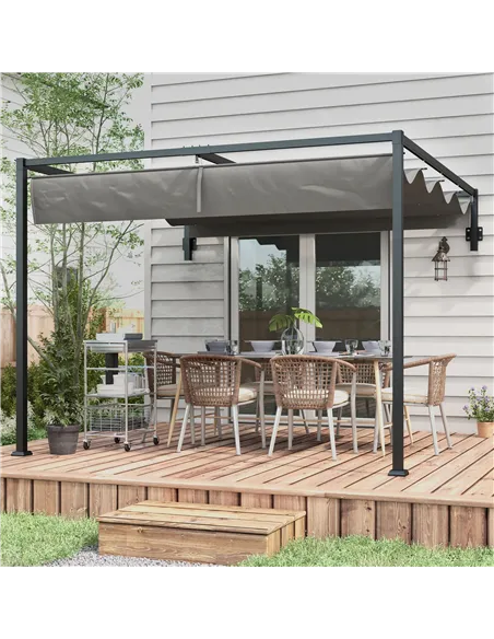 Outsunny 3 x 4m Lean To Steel Pergola, with Moving Fabric Canopy - Dark Grey