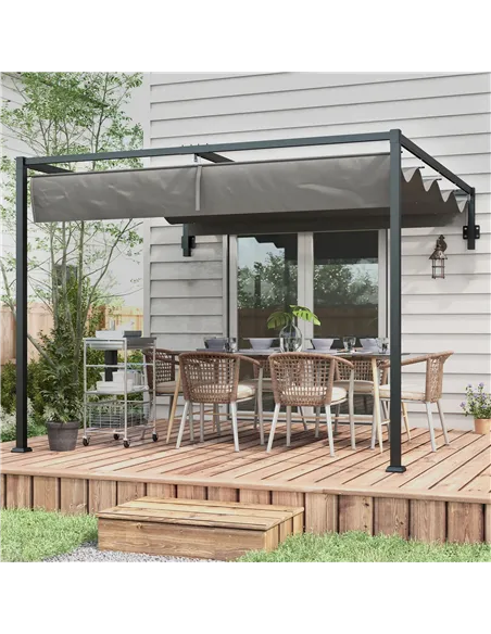 Outsunny 2 x 3(m) Lean To Steel Pergola, with Moving Fabric Canopy - Dark Grey