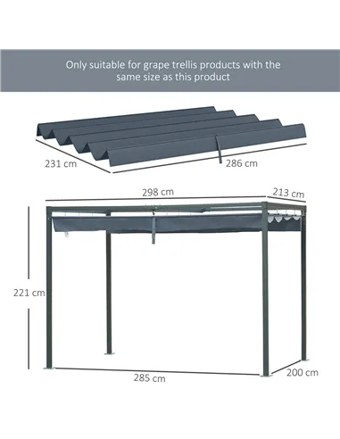 Outsunny Pergola Roof, Retractable Sun Shade Cover for 2.85 x 2m Pergola, UV30+ Protected, Dark Grey