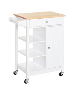 HOMCOM Kitchen Trolley, Kitchen Island on Wheels, w/ Wood Top, 3 Shelves and Storage Cupboard, White