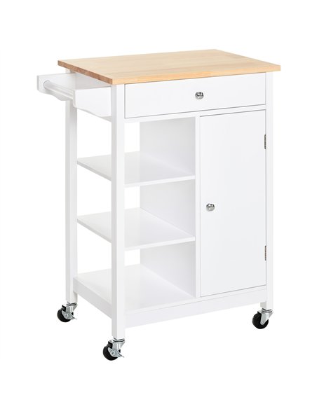 HOMCOM Kitchen Trolley, Kitchen Island on Wheels, w/ Wood Top, 3 Shelves and Storage Cupboard, White