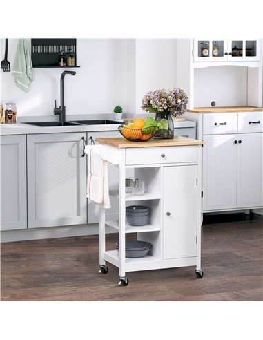 HOMCOM Kitchen Trolley, Kitchen Island on Wheels, w/ Wood Top, 3 Shelves and Storage Cupboard, White
