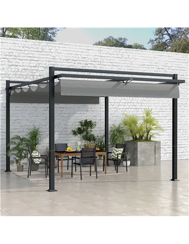 Outsunny 3 x 4m Retractable Pergola, Garden Gazebo Shelter with Aluminium Frame, for Grill, Patio, Deck, Dark Grey