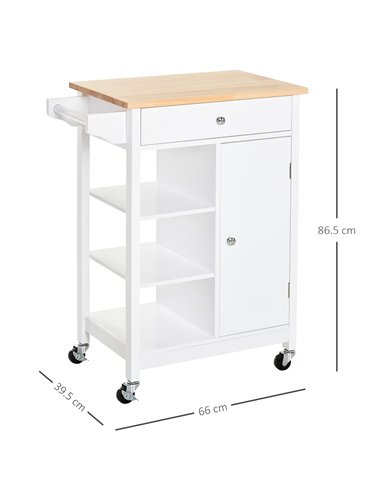 HOMCOM Kitchen Trolley, Kitchen Island on Wheels, w/ Wood Top, 3 Shelves and Storage Cupboard, White