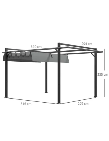 Outsunny 3 x 4m Retractable Pergola, Garden Gazebo Shelter with Aluminium Frame, for Grill, Patio, Deck, Dark Grey