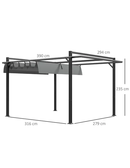 Outsunny 3 x 4m Retractable Pergola, Garden Gazebo Shelter with Aluminium Frame, for Grill, Patio, Deck, Dark Grey