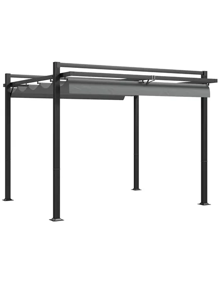 Outsunny 3 x 3(m) Retractable Pergola, Garden Gazebo Shelter with Aluminium Frame, for Grill, Patio, Deck, Dark Grey