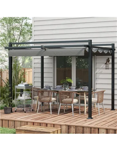 Outsunny 3 x 3(m) Retractable Pergola, Garden Gazebo Shelter with Aluminium Frame, for Grill, Patio, Deck, Dark Grey