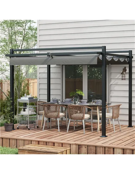 Outsunny 3 x 3(m) Retractable Pergola, Garden Gazebo Shelter with Aluminium Frame, for Grill, Patio, Deck, Dark Grey