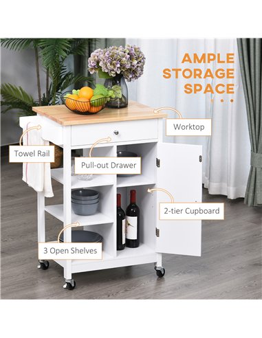 HOMCOM Kitchen Trolley, Kitchen Island on Wheels, w/ Wood Top, 3 Shelves and Storage Cupboard, White