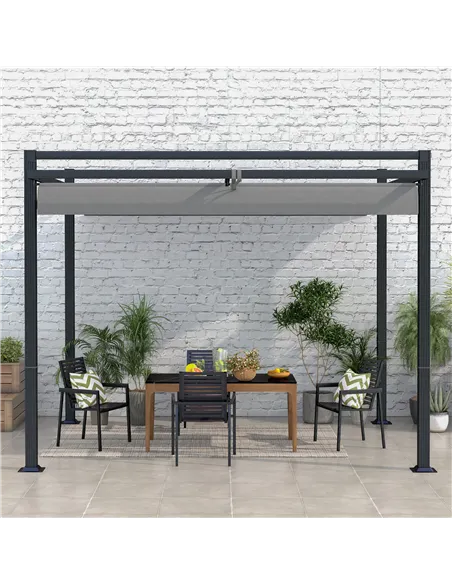 Outsunny 3 x 3(m) Retractable Pergola, Garden Gazebo Shelter with Aluminium Frame, for Grill, Patio, Deck, Dark Grey
