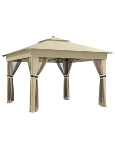 Outsunny 3 x 3(m) Pop Up Gazebo Party Tent with Solar-Powered LED Lights, Adjustable Event Shelter with Netting, Khaki