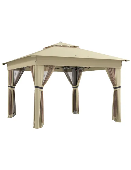 Outsunny 3 x 3(m) Pop Up Gazebo Party Tent with Solar-Powered LED Lights, Adjustable Event Shelter with Netting, Khaki