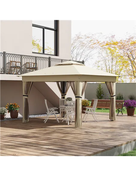 Outsunny 3 x 3(m) Pop Up Gazebo Party Tent with Solar-Powered LED Lights, Adjustable Event Shelter with Netting, Khaki