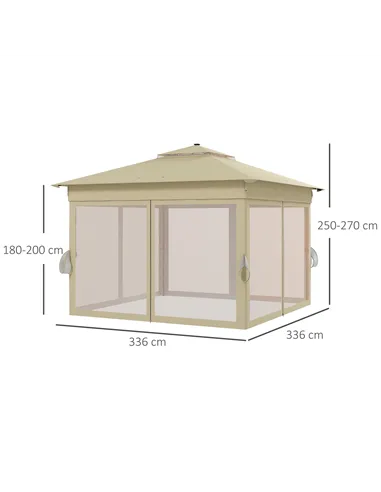 Outsunny 3 x 3(m) Pop Up Gazebo Party Tent with Solar-Powered LED Lights, Adjustable Event Shelter with Netting, Khaki