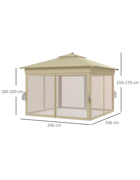 Outsunny 3 x 3(m) Pop Up Gazebo Party Tent with Solar-Powered LED Lights, Adjustable Event Shelter with Netting, Khaki