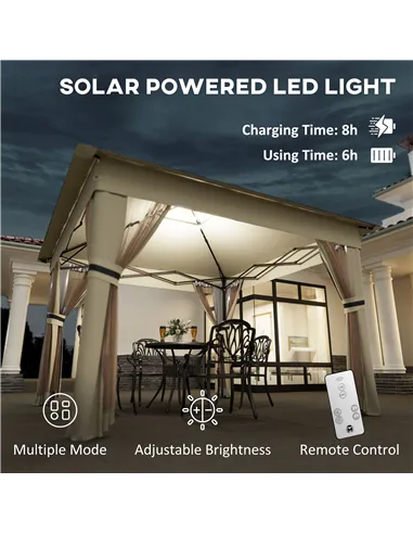 Outsunny 3 x 3(m) Pop Up Gazebo Party Tent with Solar-Powered LED Lights, Adjustable Event Shelter with Netting, Khaki