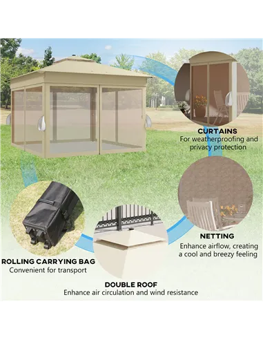 Outsunny 3 x 3(m) Pop Up Gazebo Party Tent with Solar-Powered LED Lights, Adjustable Event Shelter with Netting, Khaki