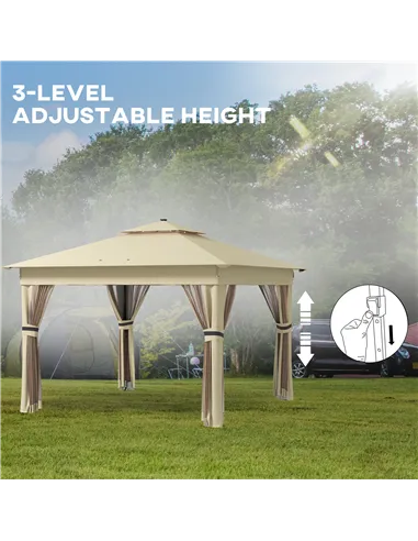 Outsunny 3 x 3(m) Pop Up Gazebo Party Tent with Solar-Powered LED Lights, Adjustable Event Shelter with Netting, Khaki