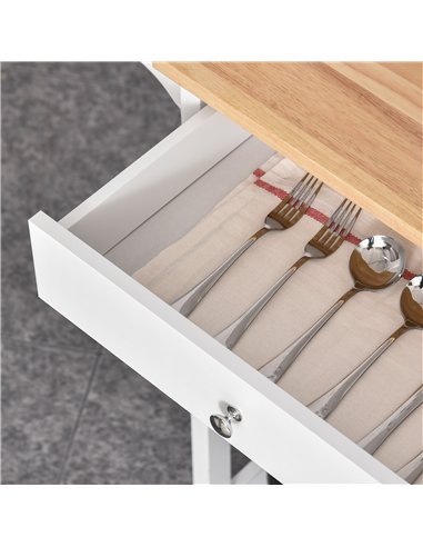 HOMCOM Kitchen Trolley, Kitchen Island on Wheels, w/ Wood Top, 3 Shelves and Storage Cupboard, White