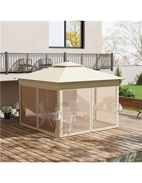 Outsunny 3 x 3(m) Pop Up Gazebo Party Tent with Solar-Powered LED Lights, Adjustable Event Shelter with Netting, Khaki