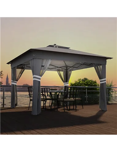 Outsunny 3 x 3(m) Pop Up Gazebo Party Tent with Solar-Powered LED Lights, Adjustable Event Shelter with Netting, Grey