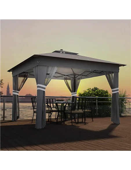 Outsunny 3 x 3(m) Pop Up Gazebo Party Tent with Solar-Powered LED Lights, Adjustable Event Shelter with Netting, Grey