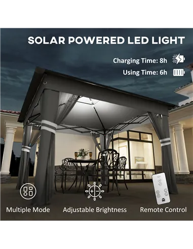 Outsunny 3 x 3(m) Pop Up Gazebo Party Tent with Solar-Powered LED Lights, Adjustable Event Shelter with Netting, Grey