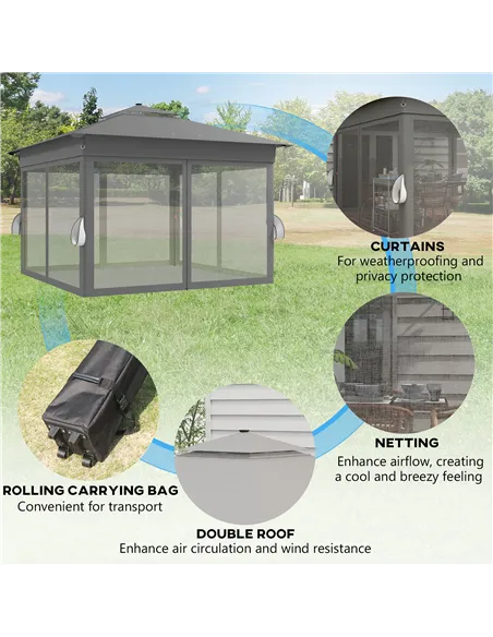 Outsunny 3 x 3(m) Pop Up Gazebo Party Tent with Solar-Powered LED Lights, Adjustable Event Shelter with Netting, Grey