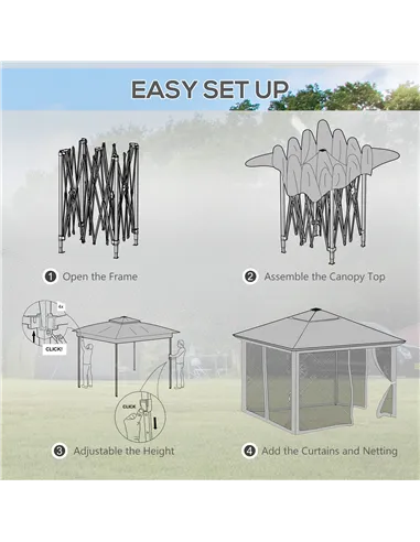 Outsunny 3 x 3(m) Pop Up Gazebo Party Tent with Solar-Powered LED Lights, Adjustable Event Shelter with Netting, Grey