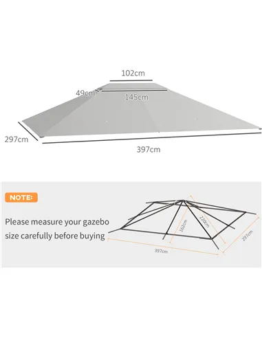 Outsunny 3 x 4m Gazebo Canopy Replacement Cover, Gazebo Roof Replacement (TOP COVER ONLY), Light Grey