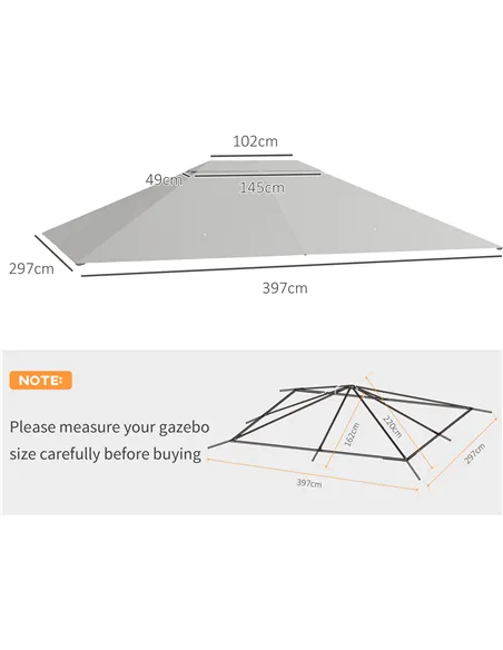 Outsunny 3 x 4m Gazebo Canopy Replacement Cover, Gazebo Roof Replacement (TOP COVER ONLY), Light Grey