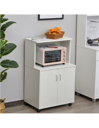 HOMCOM Kitchen Storage Unit, Modern Microwave Stand Trolley Cart, Sideboard with Cabinet,  Locking Wheels, Shelf for Living Room