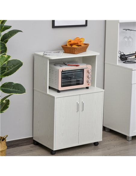 HOMCOM Kitchen Storage Unit, Modern Microwave Stand Trolley Cart, Sideboard with Cabinet,  Locking Wheels, Shelf for Living Room