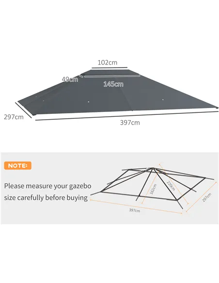 Outsunny 3 x 4m Gazebo Canopy Replacement Cover, Gazebo Roof Replacement (TOP COVER ONLY), Dark Grey