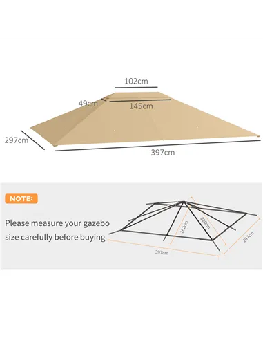 Outsunny 3 x 4m Gazebo Canopy Replacement Cover, Gazebo Roof Replacement (TOP COVER ONLY), Khaki
