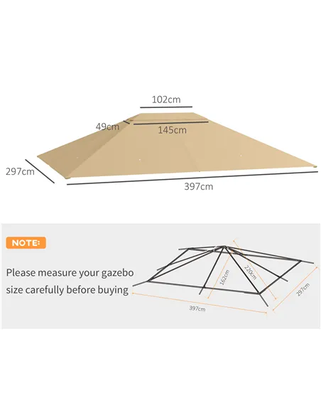 Outsunny 3 x 4m Gazebo Canopy Replacement Cover, Gazebo Roof Replacement (TOP COVER ONLY), Khaki