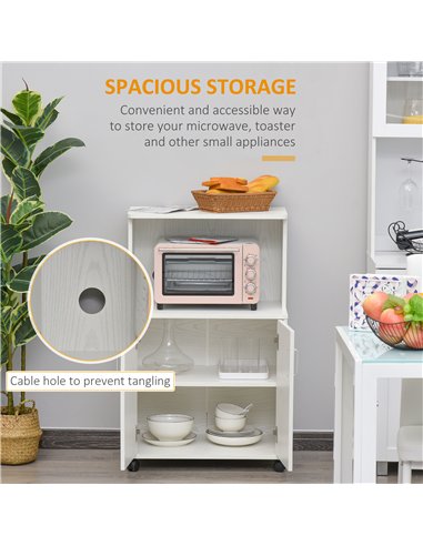 HOMCOM Kitchen Storage Unit, Modern Microwave Stand Trolley Cart, Sideboard with Cabinet,  Locking Wheels, Shelf for Living Room