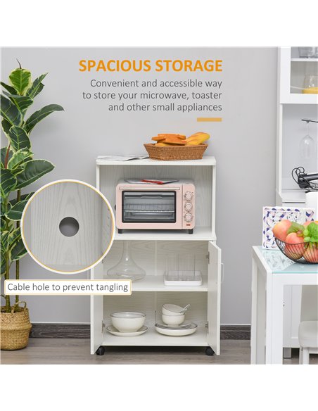 HOMCOM Kitchen Storage Unit, Modern Microwave Stand Trolley Cart, Sideboard with Cabinet,  Locking Wheels, Shelf for Living Room
