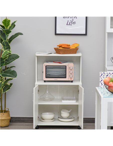 HOMCOM Kitchen Storage Unit, Modern Microwave Stand Trolley Cart, Sideboard with Cabinet,  Locking Wheels, Shelf for Living Room