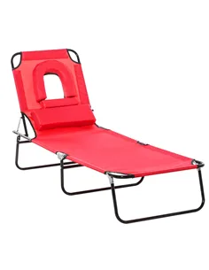 Outsunny Foldable Outdoor Sun Lounger Adjustable Backrest Reclining Chair with Pillow and Reading Hole Garden Beach, Red