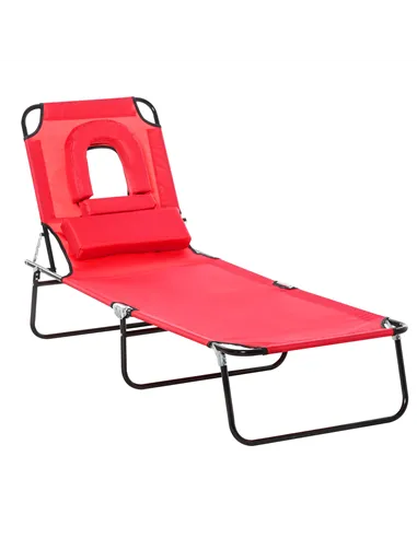 Outsunny Foldable Outdoor Sun Lounger Adjustable Backrest Reclining Chair with Pillow and Reading Hole Garden Beach, Red