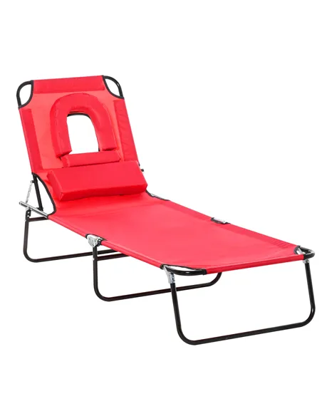 Outsunny Foldable Outdoor Sun Lounger Adjustable Backrest Reclining Chair with Pillow and Reading Hole Garden Beach, Red