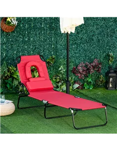 Outsunny Foldable Outdoor Sun Lounger Adjustable Backrest Reclining Chair with Pillow and Reading Hole Garden Beach, Red 2