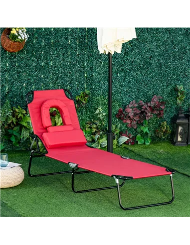 Outsunny Foldable Outdoor Sun Lounger Adjustable Backrest Reclining Chair with Pillow and Reading Hole Garden Beach, Red